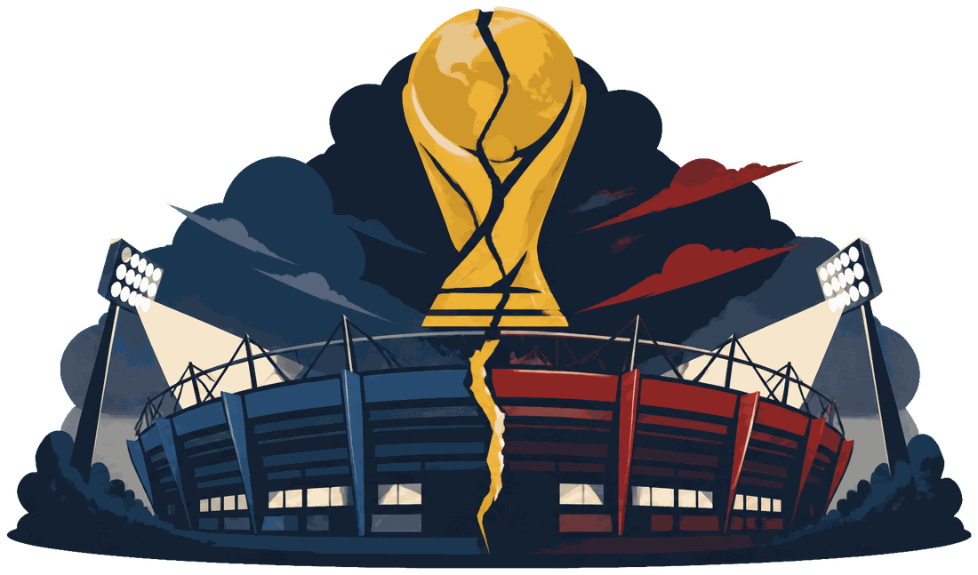 中央で割れた金のトロフィーと、青と赤に分断されたスタジアム。UEFAとFIFAの対立を象徴するイラスト。